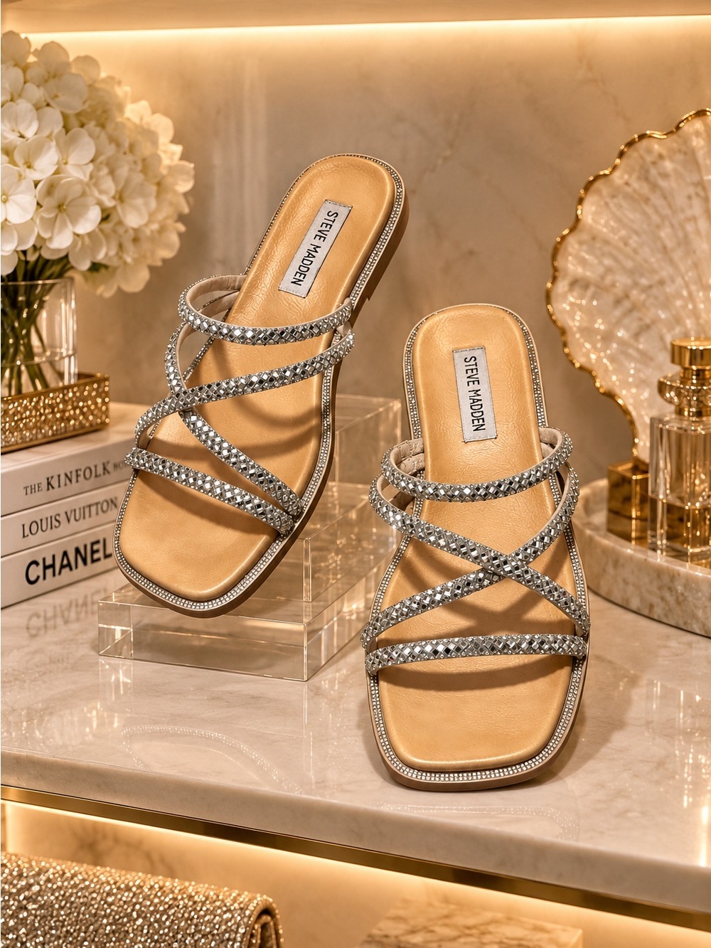 Steve Madden SPICE Bling Rhinestone Strappy Slide Sandals Silver Y2K Size 6
